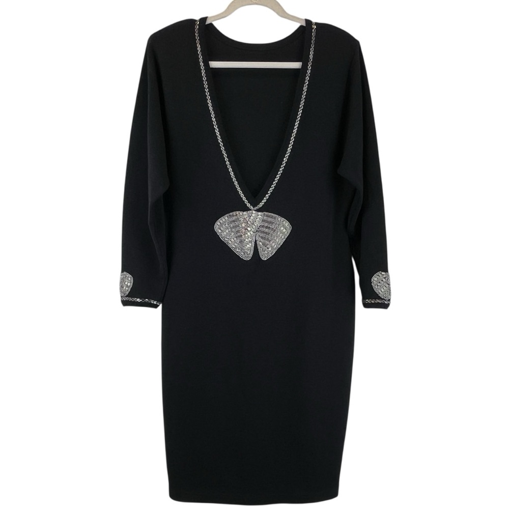 Vintage 100% Wool Lightweight Beaded Bows Cocktail Dress Black by ICE Sz L